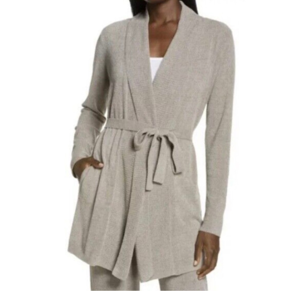 Barefoot Dreams Tan/Grey CozyChic Ultra Lit Waist-Tie Cardigan Sweater Size M